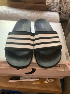 adidas Black and White Slide Sandals with Three Stripes
